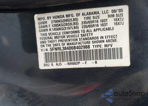 2006 Honda Odyssey Ex z USA, uszkodzony, nr VIN 5FNRL38406B402988
